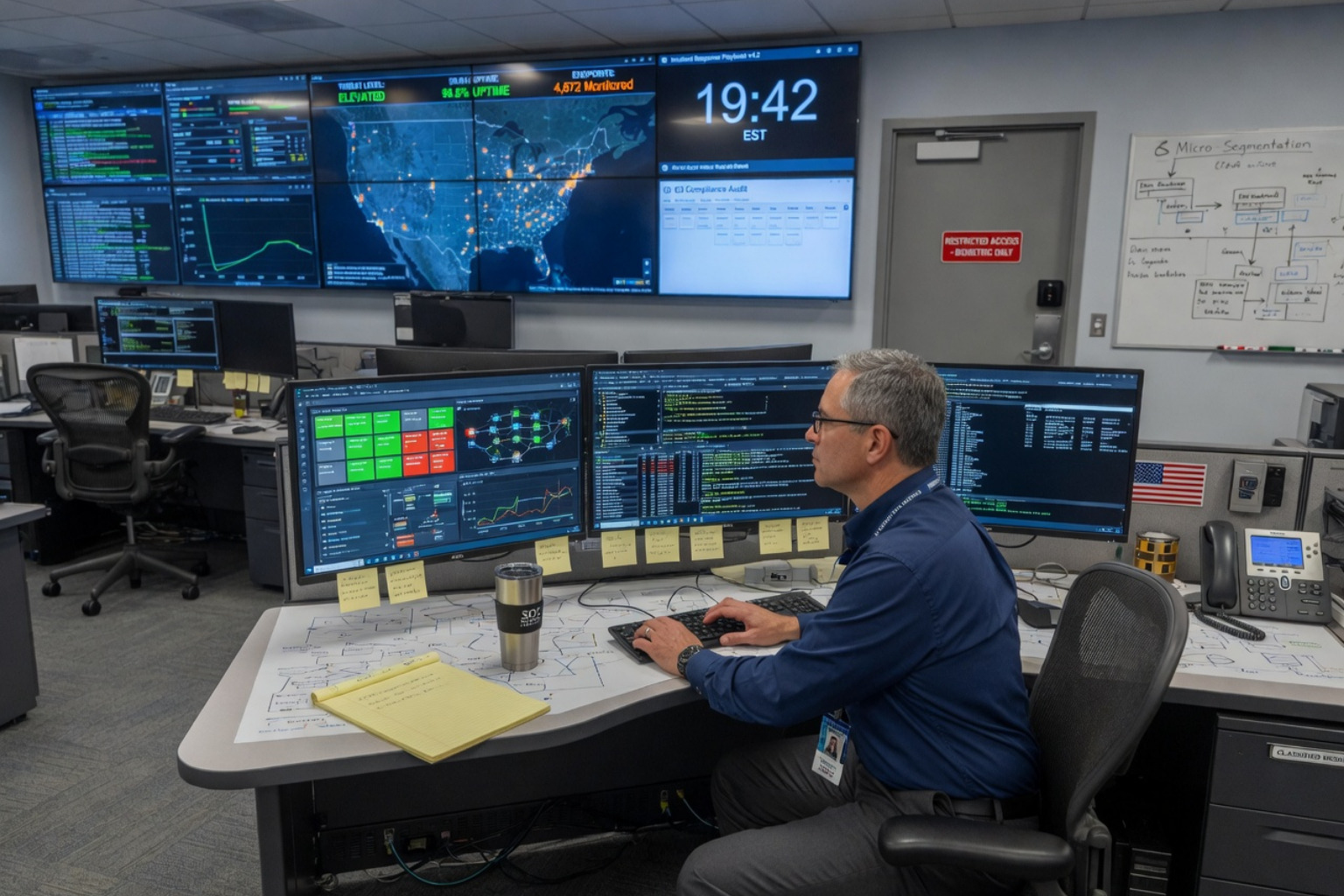 network and security consultant at dual monitors in a secure operations center