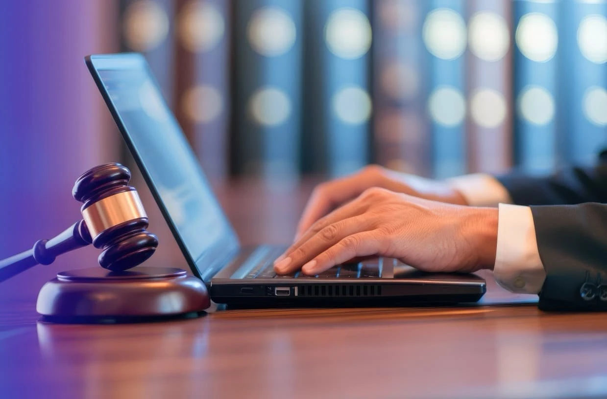 Online Legal Research Lawyer Typing on Laptop with Gavel Nearby